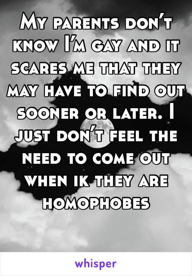 My parents don’t know I’m gay and it scares me that they may have to find out sooner or later. I just don’t feel the need to come out when ik they are homophobes 