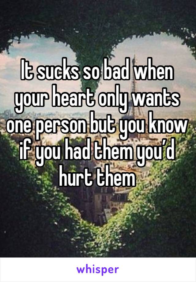 It sucks so bad when your heart only wants one person but you know if you had them you’d hurt them 