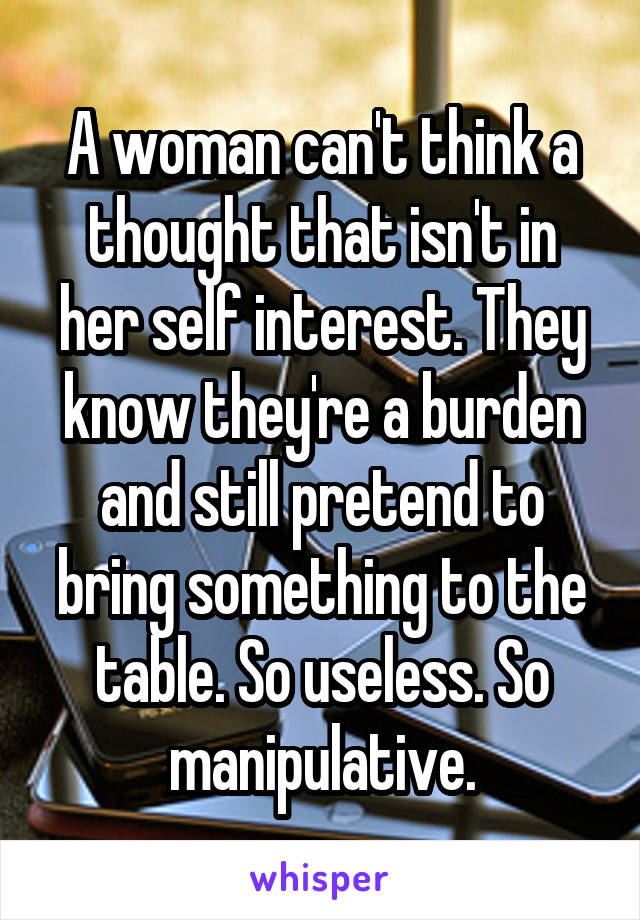 A woman can't think a thought that isn't in her self interest. They know they're a burden and still pretend to bring something to the table. So useless. So manipulative.