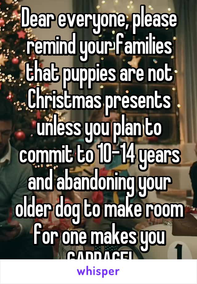 Dear everyone, please remind your families that puppies are not Christmas presents unless you plan to commit to 10-14 years and abandoning your older dog to make room for one makes you GARBAGE!