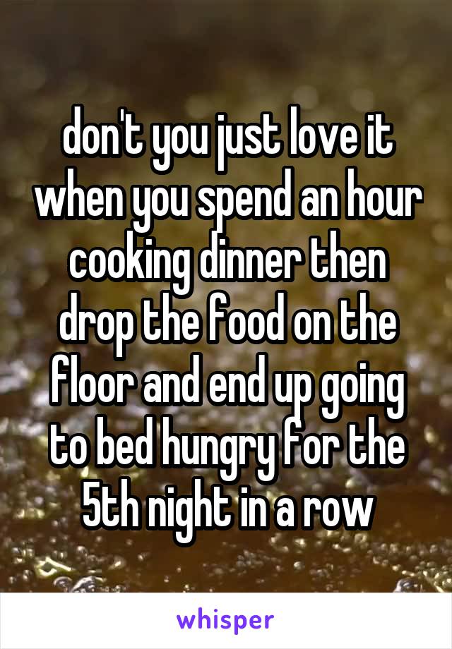 don't you just love it when you spend an hour cooking dinner then drop the food on the floor and end up going to bed hungry for the 5th night in a row