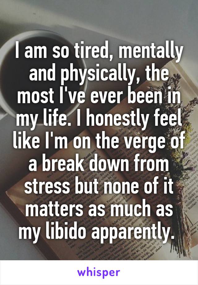 I am so tired, mentally and physically, the most I've ever been in my life. I honestly feel like I'm on the verge of a break down from stress but none of it matters as much as my libido apparently. 