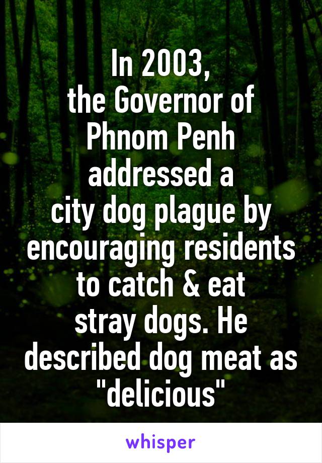 In 2003,
the Governor of Phnom Penh addressed a
city dog plague by encouraging residents to catch & eat
stray dogs. He described dog meat as "delicious"