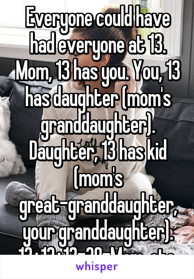 Everyone could have had everyone at 13. Mom, 13 has you. You, 13 has daughter (mom's granddaughter). Daughter, 13 has kid (mom's great-granddaughter, your granddaughter). 13+13+13=39=Mom, etc.