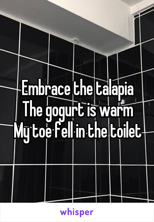 Embrace the talapia
The gogurt is warm
My toe fell in the toilet