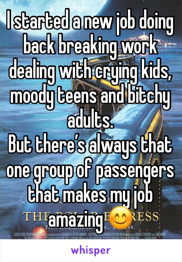 I started a new job doing back breaking work dealing with crying kids, moody teens and bitchy adults.
But there’s always that one group of passengers that makes my job amazing 😊