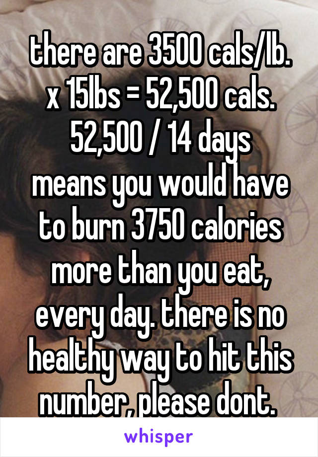 there are 3500 cals/lb.
x 15lbs = 52,500 cals.
52,500 / 14 days
means you would have to burn 3750 calories more than you eat, every day. there is no healthy way to hit this number, please dont. 