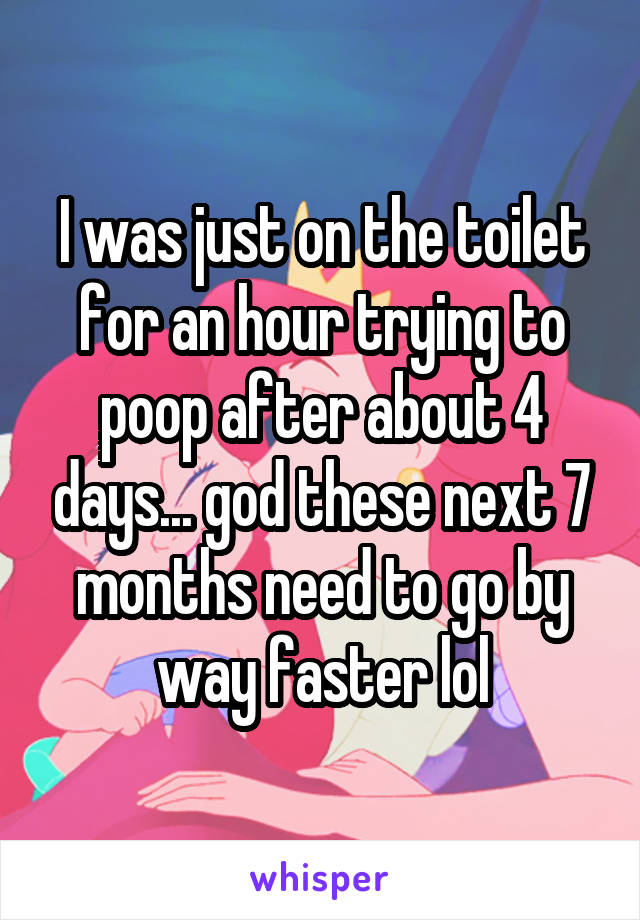 I was just on the toilet for an hour trying to poop after about 4 days... god these next 7 months need to go by way faster lol
