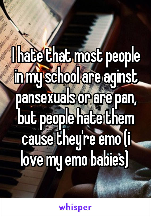I hate that most people in my school are aginst pansexuals or are pan, but people hate them cause they're emo (i love my emo babies) 