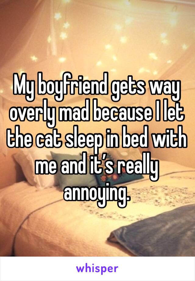My boyfriend gets way overly mad because I let the cat sleep in bed with me and it’s really annoying. 