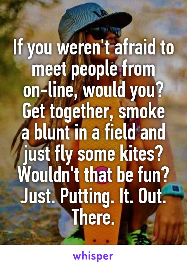 If you weren't afraid to meet people from on-line, would you?
Get together, smoke a blunt in a field and just fly some kites?
Wouldn't that be fun? Just. Putting. It. Out. There.