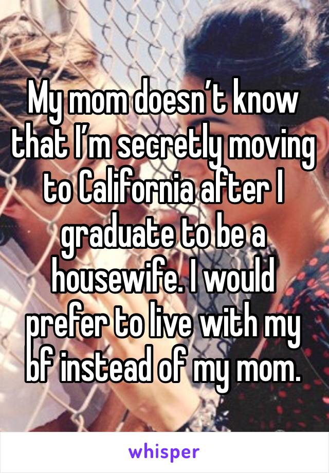 My mom doesn’t know that I’m secretly moving to California after I graduate to be a housewife. I would prefer to live with my bf instead of my mom. 