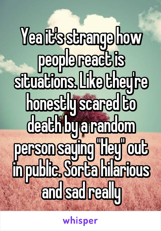 Yea it's strange how people react is situations. Like they're honestly scared to death by a random person saying "Hey" out in public. Sorta hilarious and sad really
