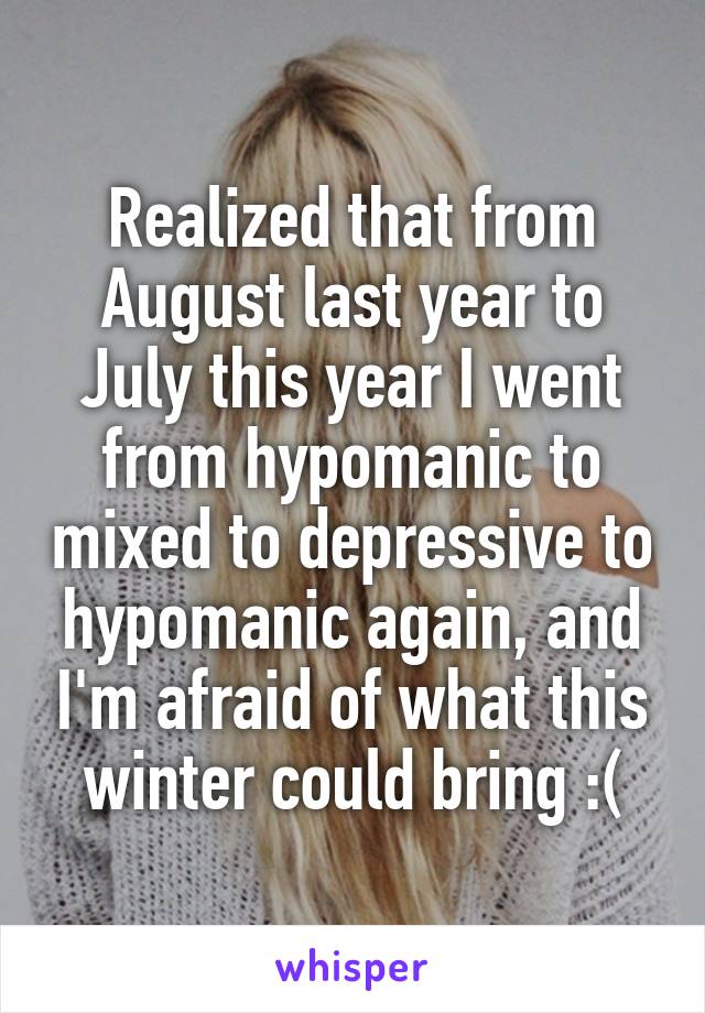 Realized that from August last year to July this year I went from hypomanic to mixed to depressive to hypomanic again, and I'm afraid of what this winter could bring :(