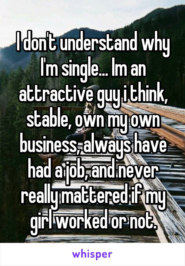 I don't understand why I'm single... Im an attractive guy i think, stable, own my own business, always have had a job, and never really mattered if my girl worked or not.