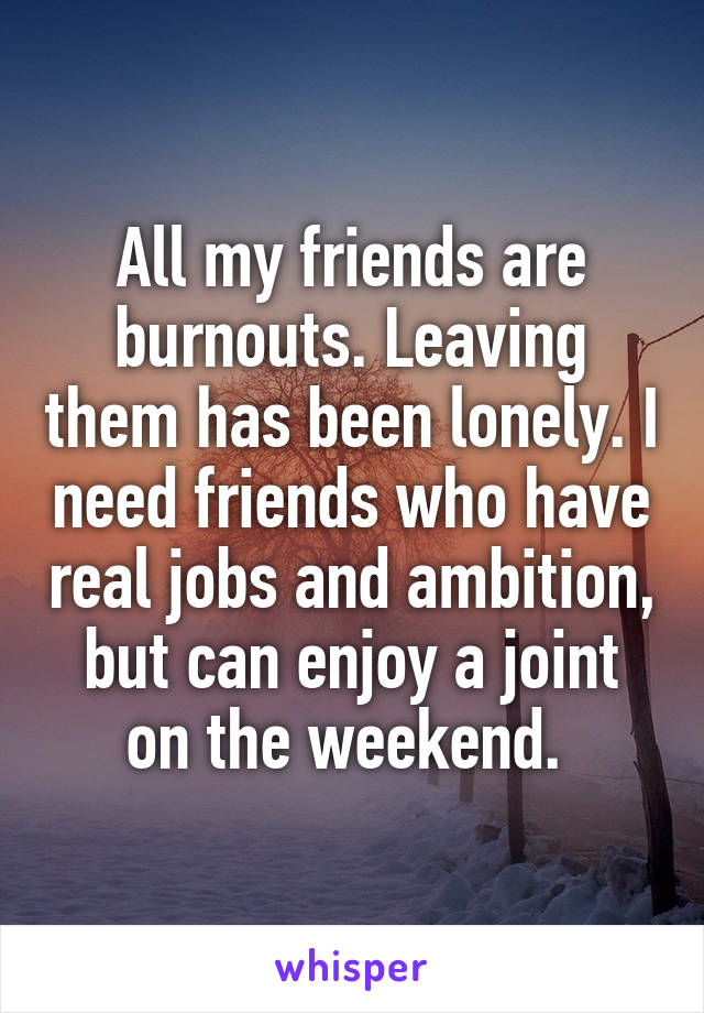 All my friends are burnouts. Leaving them has been lonely. I need friends who have real jobs and ambition, but can enjoy a joint on the weekend. 