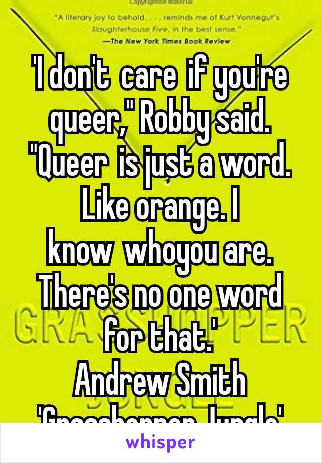 'I don't care if you're queer," Robby said. "Queer is just a word. Like orange. I know whoyou are. There's no one word for that.'
Andrew Smith 'Grasshopper Jungle'