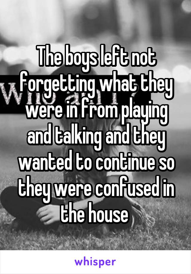 The boys left not forgetting what they were in from playing and talking and they wanted to continue so they were confused in the house 