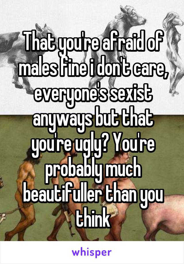 That you're afraid of males fine i don't care, everyone's sexist anyways but that you're ugly? You're probably much beautifuller than you think