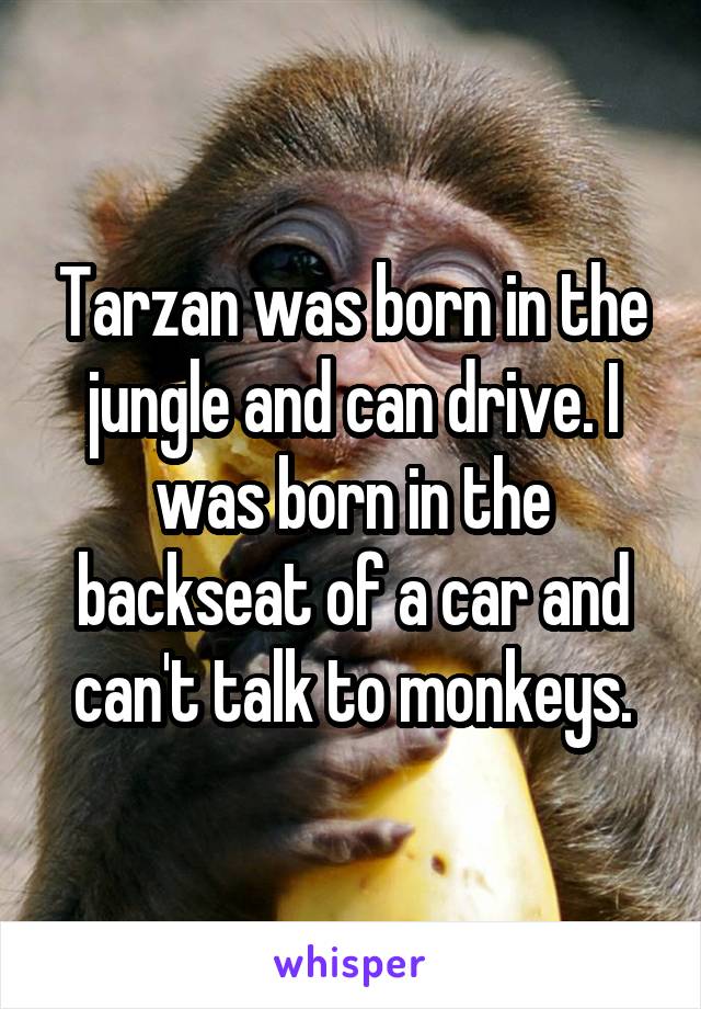 Tarzan was born in the jungle and can drive. I was born in the backseat of a car and can't talk to monkeys.