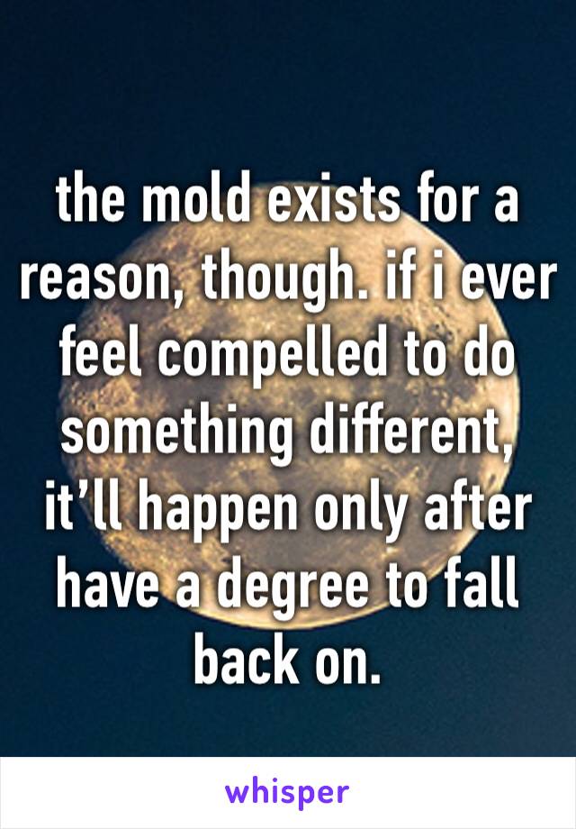 the mold exists for a reason, though. if i ever feel compelled to do something different, it’ll happen only after have a degree to fall back on. 