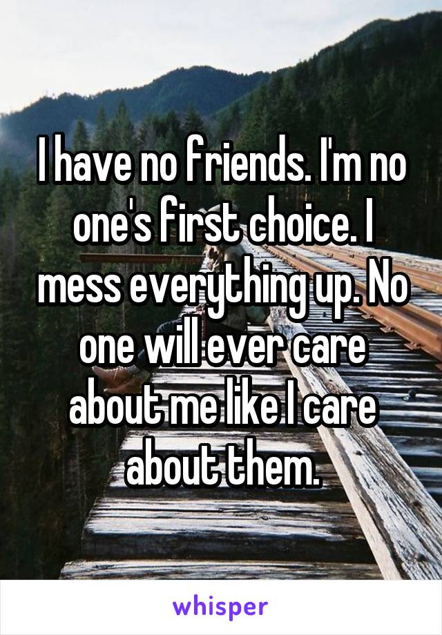 I have no friends. I'm no one's first choice. I mess everything up. No one will ever care about me like I care about them.