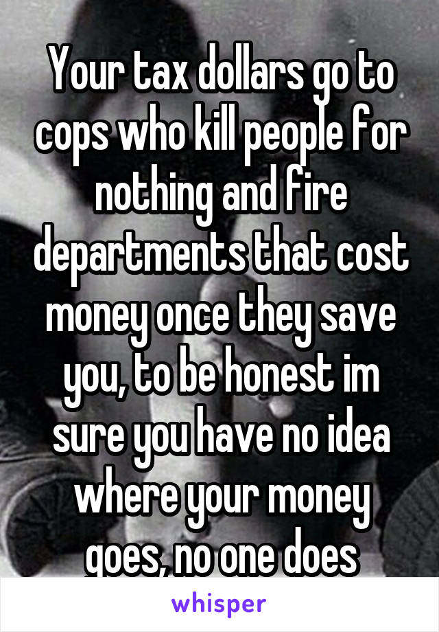 Your tax dollars go to cops who kill people for nothing and fire departments that cost money once they save you, to be honest im sure you have no idea where your money goes, no one does
