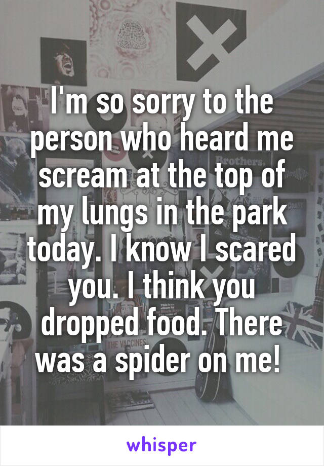 I'm so sorry to the person who heard me scream at the top of my lungs in the park today. I know I scared you. I think you dropped food. There was a spider on me! 