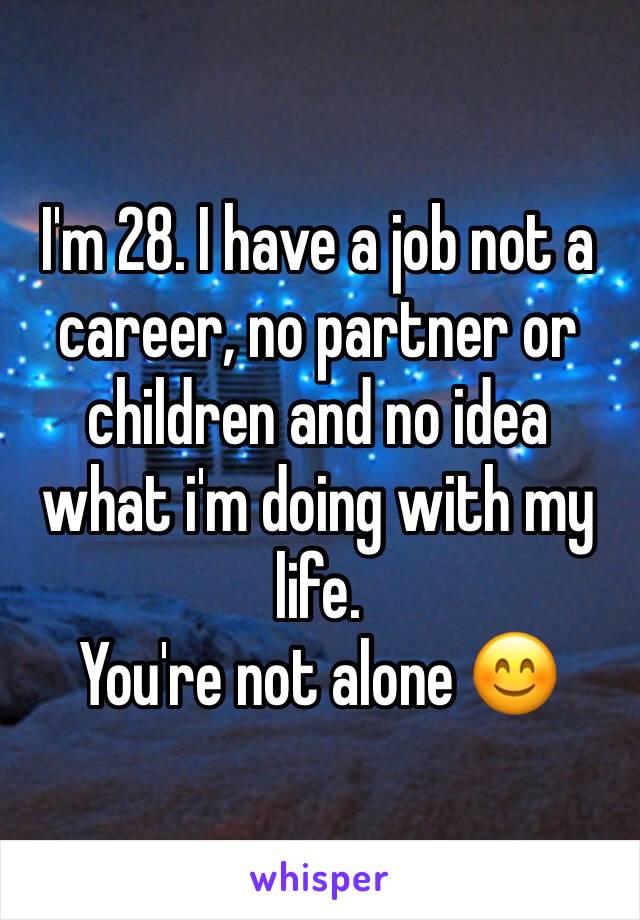 I'm 28. I have a job not a career, no partner or children and no idea what i'm doing with my life.
You're not alone 😊
