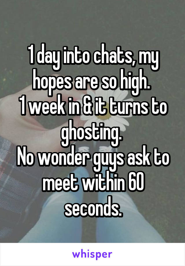 1 day into chats, my hopes are so high. 
1 week in & it turns to ghosting. 
No wonder guys ask to meet within 60 seconds.
