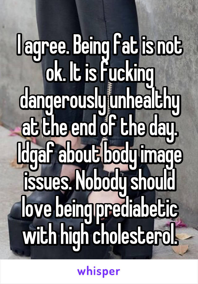 I agree. Being fat is not ok. It is fucking dangerously unhealthy at the end of the day. Idgaf about body image issues. Nobody should love being prediabetic with high cholesterol.