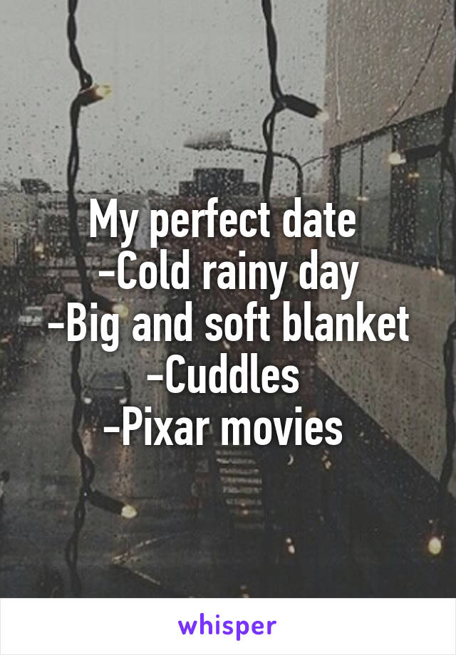 My perfect date 
-Cold rainy day
-Big and soft blanket
-Cuddles 
-Pixar movies 