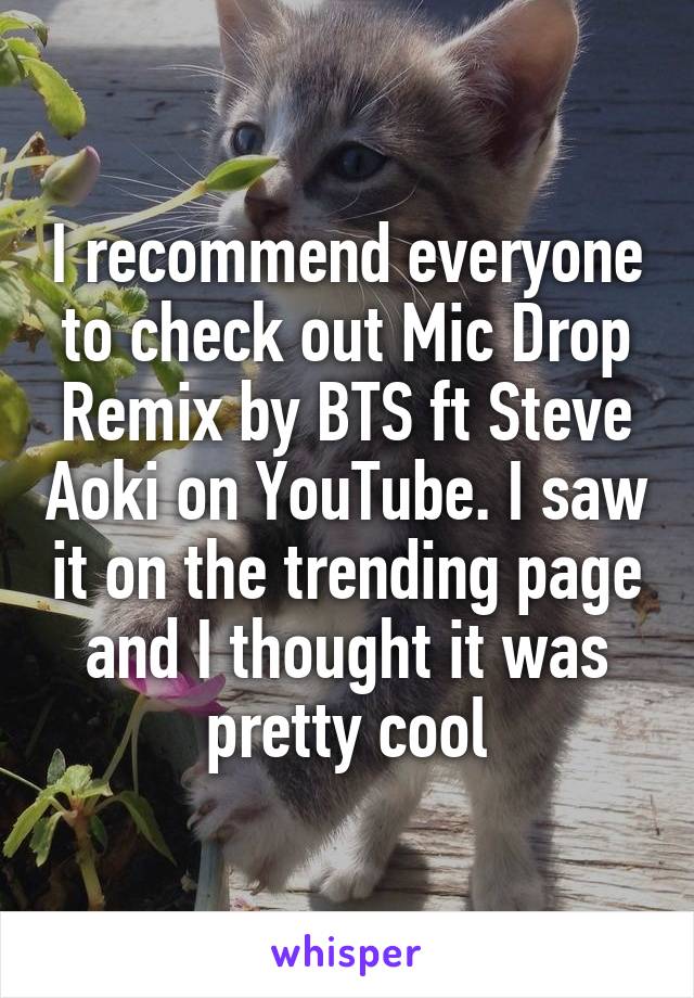 I recommend everyone to check out Mic Drop Remix by BTS ft Steve Aoki on YouTube. I saw it on the trending page and I thought it was pretty cool