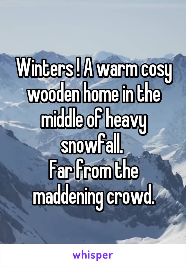 Winters ! A warm cosy wooden home in the middle of heavy snowfall. 
Far from the maddening crowd.