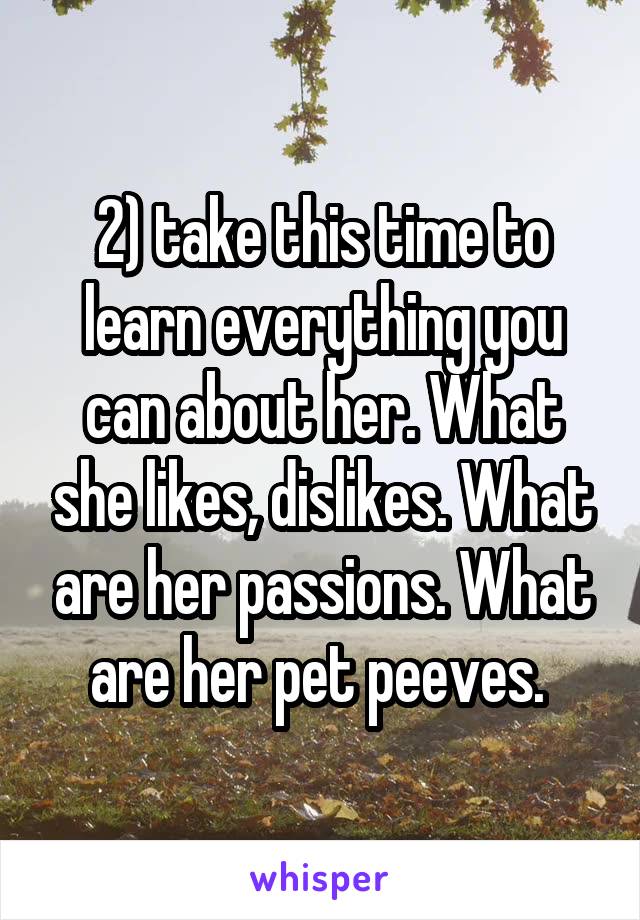 2) take this time to learn everything you can about her. What she likes, dislikes. What are her passions. What are her pet peeves. 