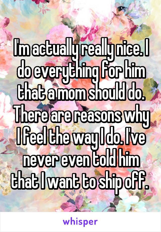 I'm actually really nice. I do everything for him that a mom should do. There are reasons why I feel the way I do. I've never even told him that I want to ship off. 