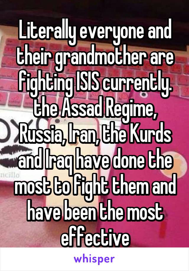 Literally everyone and their grandmother are fighting ISIS currently. the Assad Regime, Russia, Iran, the Kurds and Iraq have done the most to fight them and have been the most effective