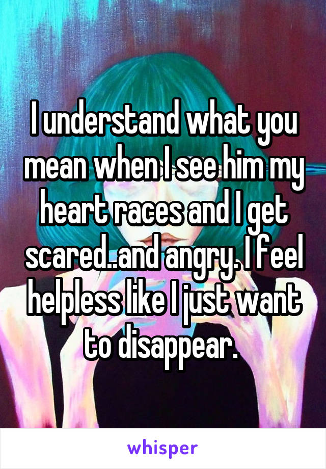 I understand what you mean when I see him my heart races and I get scared..and angry. I feel helpless like I just want to disappear. 