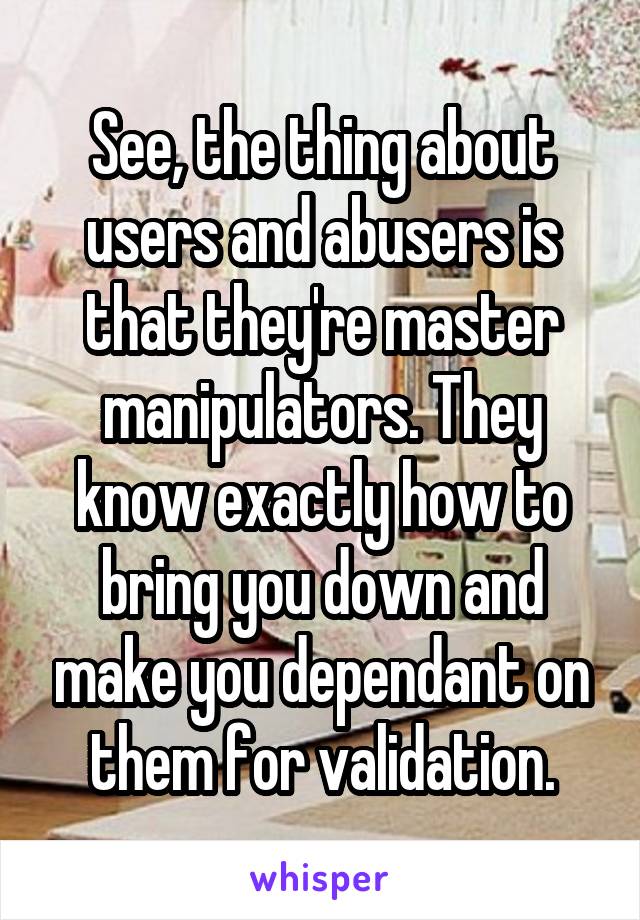 See, the thing about users and abusers is that they're master manipulators. They know exactly how to bring you down and make you dependant on them for validation.