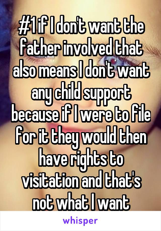 #1 if I don't want the father involved that also means I don't want any child support because if I were to file for it they would then have rights to visitation and that's not what I want