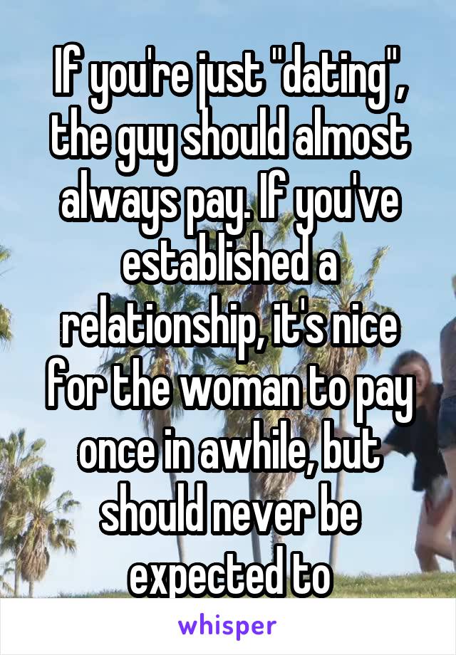 If you're just "dating", the guy should almost always pay. If you've established a relationship, it's nice for the woman to pay once in awhile, but should never be expected to