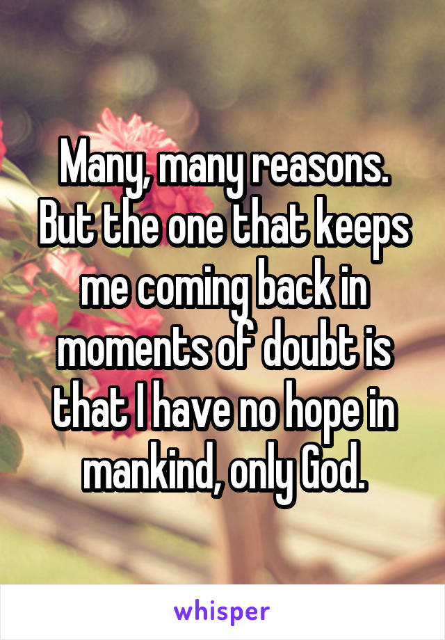 Many, many reasons. But the one that keeps me coming back in moments of doubt is that I have no hope in mankind, only God.