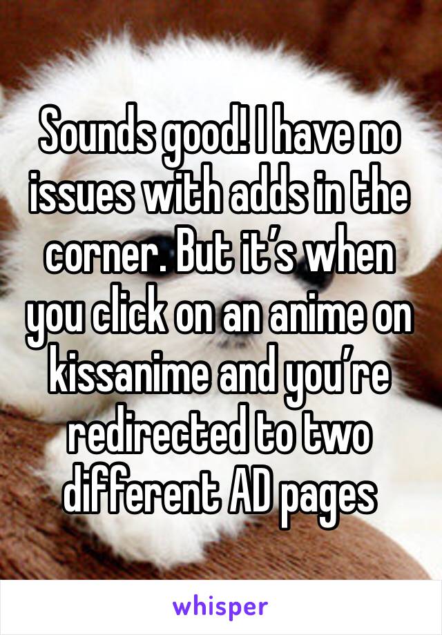 Sounds good! I have no issues with adds in the corner. But it’s when you click on an anime on kissanime and you’re redirected to two different AD pages 