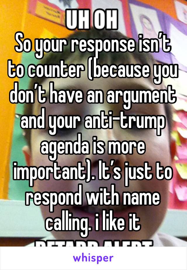 So your response isn’t to counter (because you don’t have an argument and your anti-trump agenda is more important). It’s just to respond with name calling. i like it 