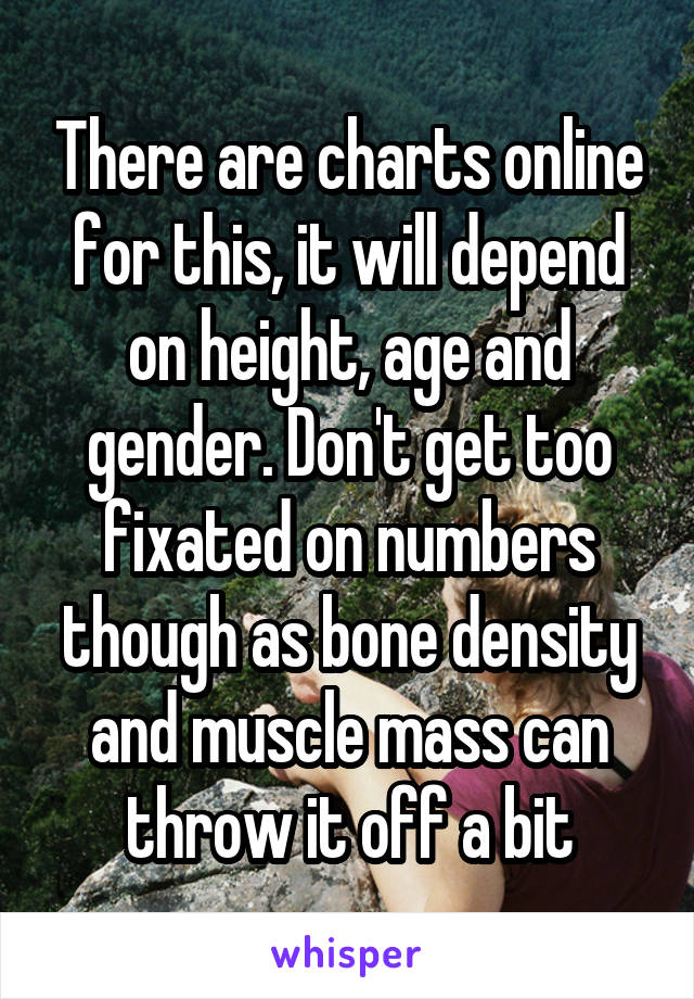 There are charts online for this, it will depend on height, age and gender. Don't get too fixated on numbers though as bone density and muscle mass can throw it off a bit