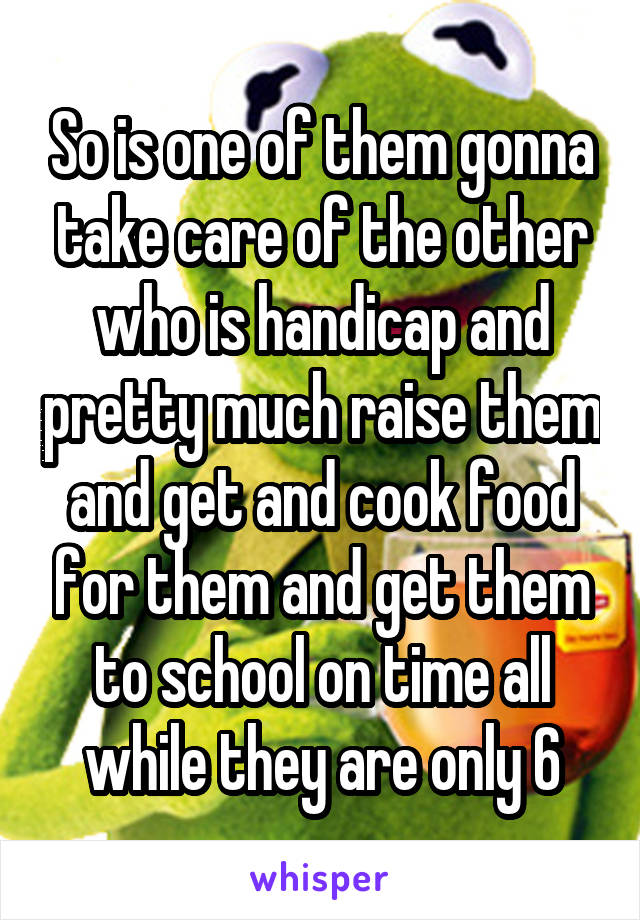 So is one of them gonna take care of the other who is handicap and pretty much raise them and get and cook food for them and get them to school on time all while they are only 6