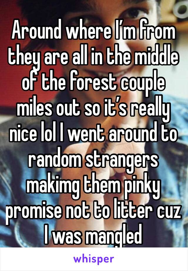 Around where I’m from they are all in the middle of the forest couple miles out so it’s really nice lol I went around to random strangers makimg them pinky promise not to litter cuz I was mangled 