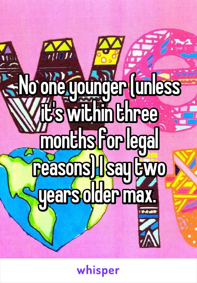 No one younger (unless it's within three months for legal reasons) I say two years older max. 