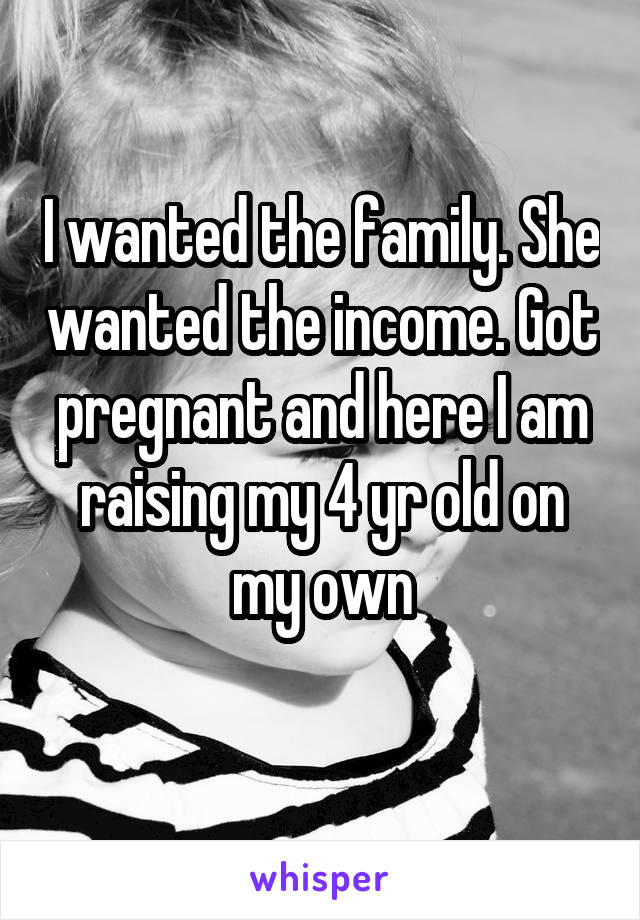 I wanted the family. She wanted the income. Got pregnant and here I am raising my 4 yr old on my own
