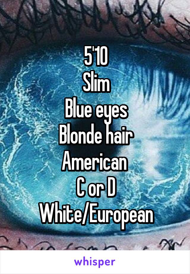 5'10
Slim
Blue eyes
Blonde hair
American 
C or D
White/European